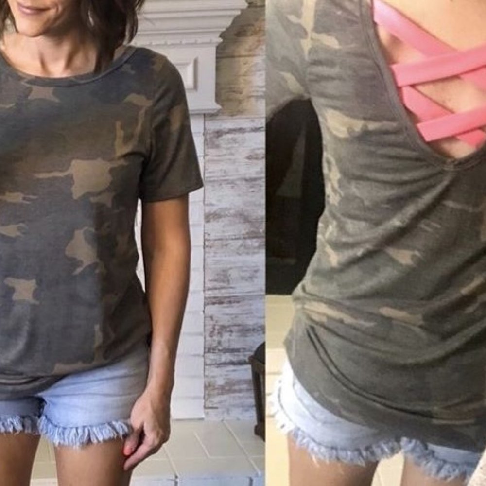 Camo top with neon pink criss-cross